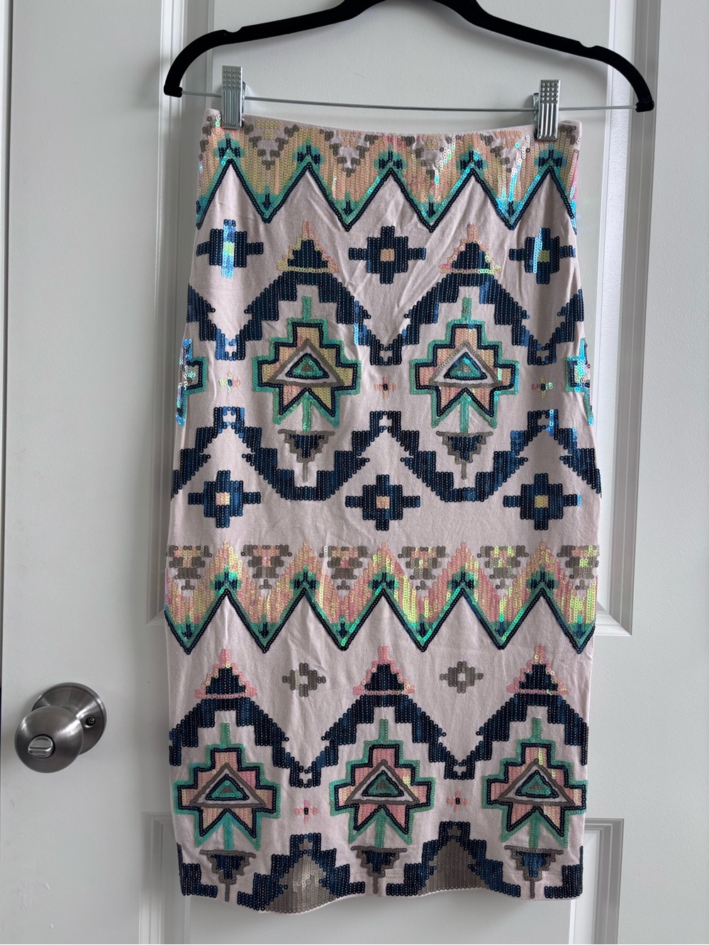 Express Sequin Aztec Midi Skirt in Blush Pink with Teal & Navy Accents